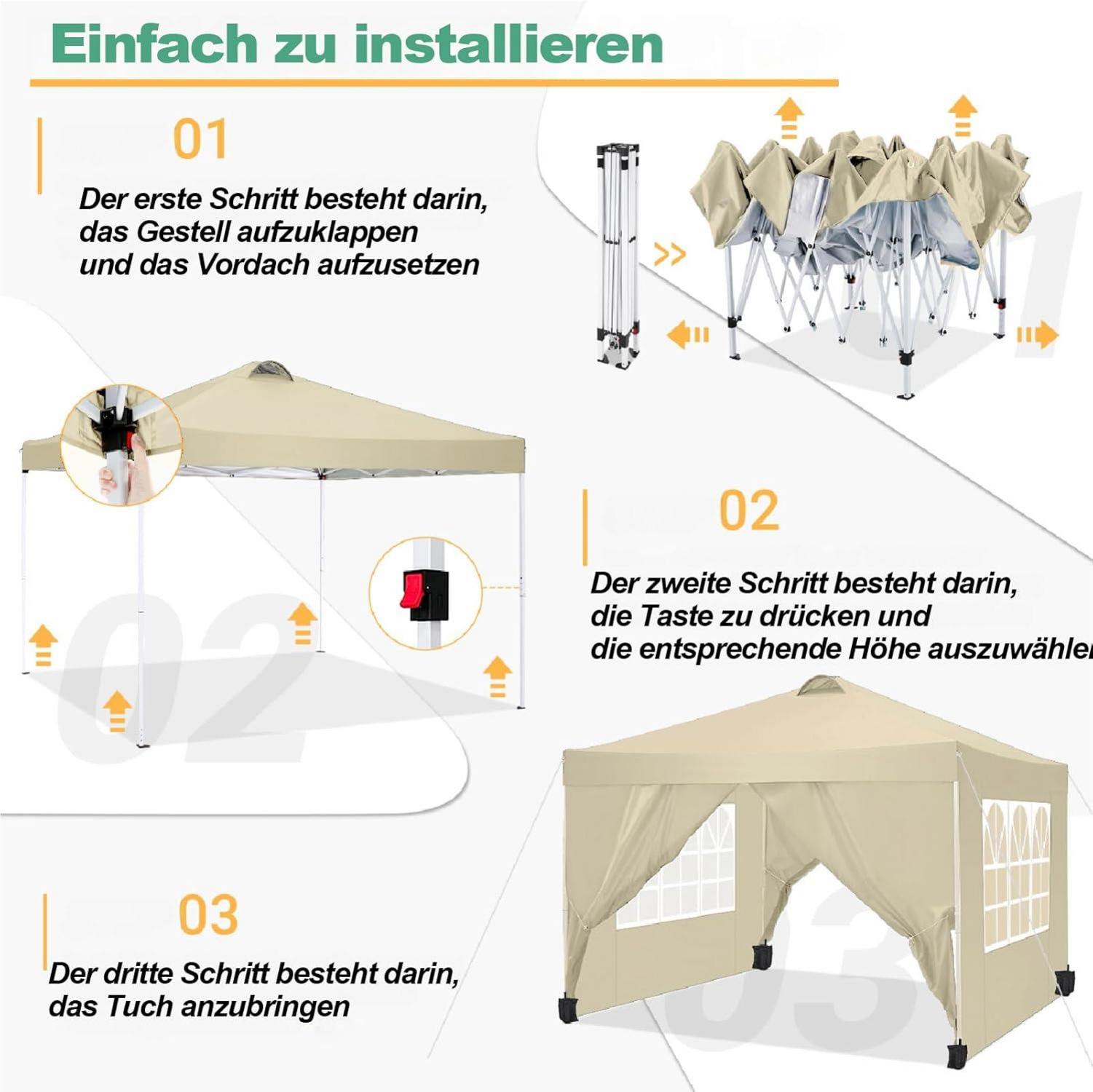 Pavillon 3x3 Wasserdicht Stabil mit UV-Schutz 50+ & 4 Seitenteilen