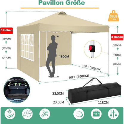 Pavillon 3x3 Faltpavillon Wasserdicht UV-Schutz 50+ Winterfest 4 Seitenteile 4