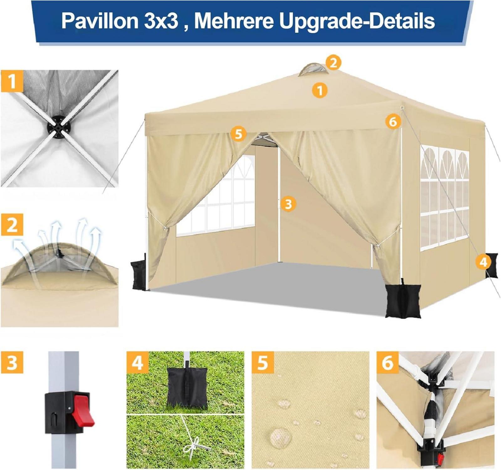 Pavillon 3x3 UV-Schutz 50+ Faltpavillon Wasserdicht Stabil Winterfest