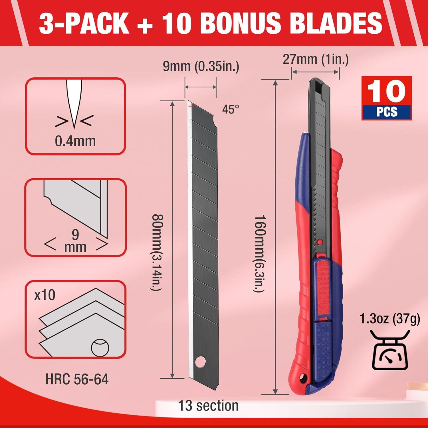 WORKPRO 3 Stück Cuttermesser Set 9mm mit 10 SK5 Ersatzklingen, 2-in-1 Profi Kartonmesser