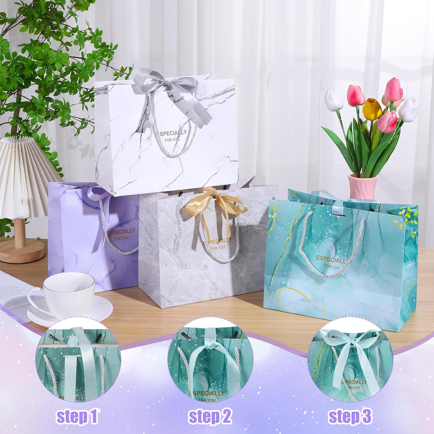 8er Set Papier Geschenktüten in Blau Grün Weiß Grau | 25x20x12,5cm | Hochwertige Kraftpapier Geschenktaschen