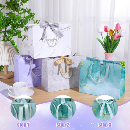 8er Set Papier Geschenktüten in Blau Grün Weiß Grau | 25x20x12,5cm | Hochwertige Kraftpapier Geschenktaschen