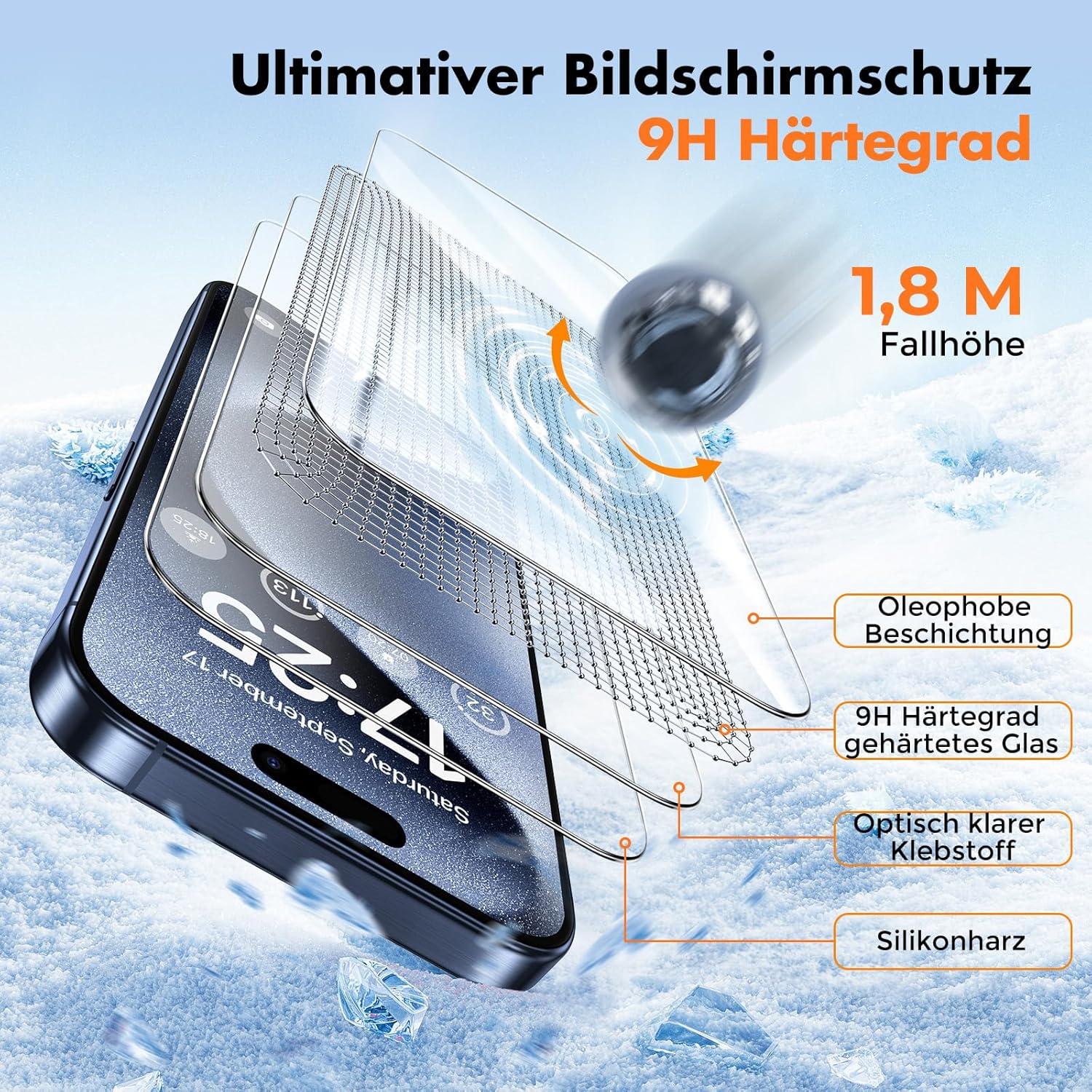 Panzer Schutz Glas für iPhone 15 Pro Max 9H Härte 3er Pack