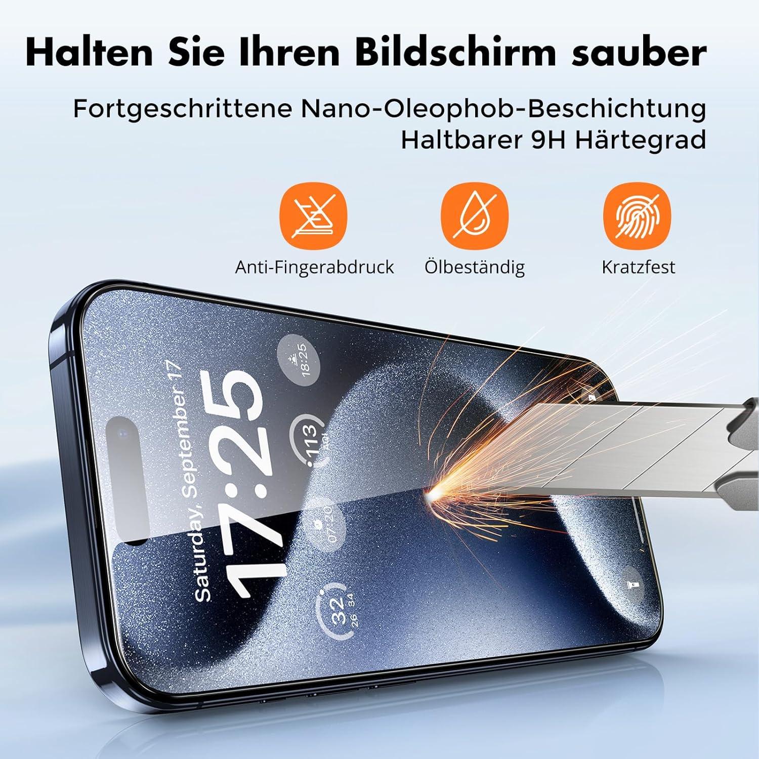 UNBREAKcable Panzer Schutz Glas [3er Pack] für iPhone 15 Pro Max 9H Härte Displayschutzfolie