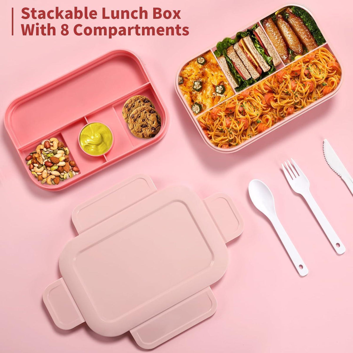 Bento Lunchbox für Erwachsene, 2000ml, 8 Fächer, auslaufsicher, mit Besteck, Rose