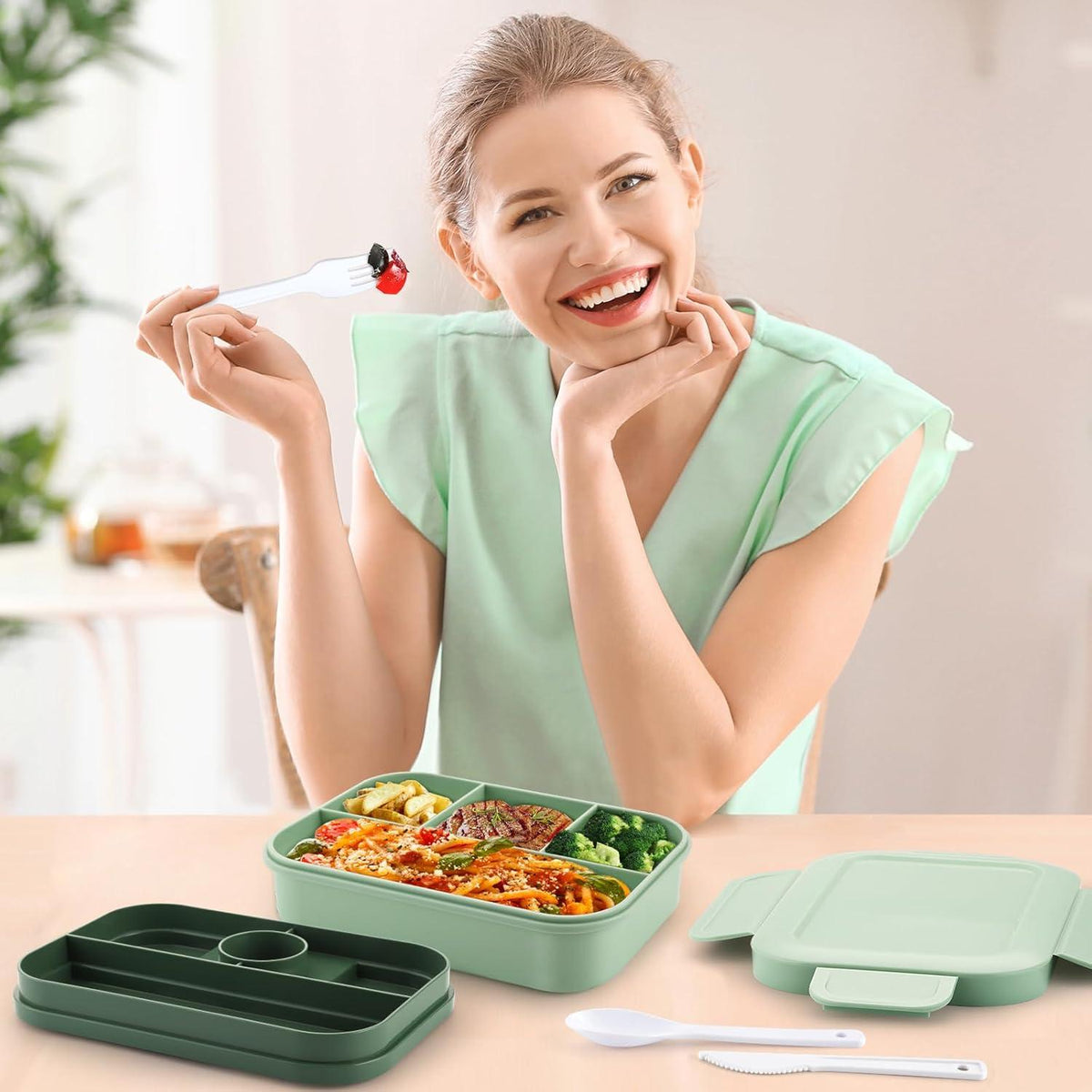 Lunchbox mit Besteck, 2000ml Bento Box für Erwachsene, Auslaufsicher