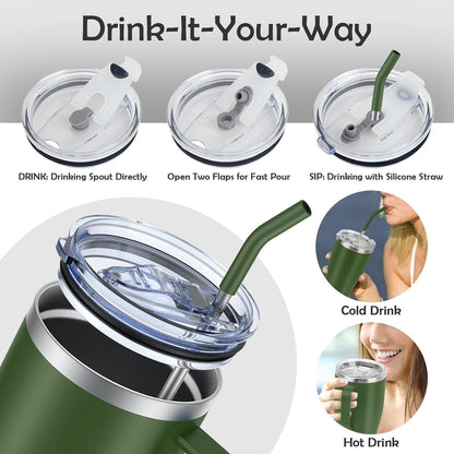 KETIEE 850ml Thermobecher mit Strohhalm, 2 Deckeln - Olivgrün