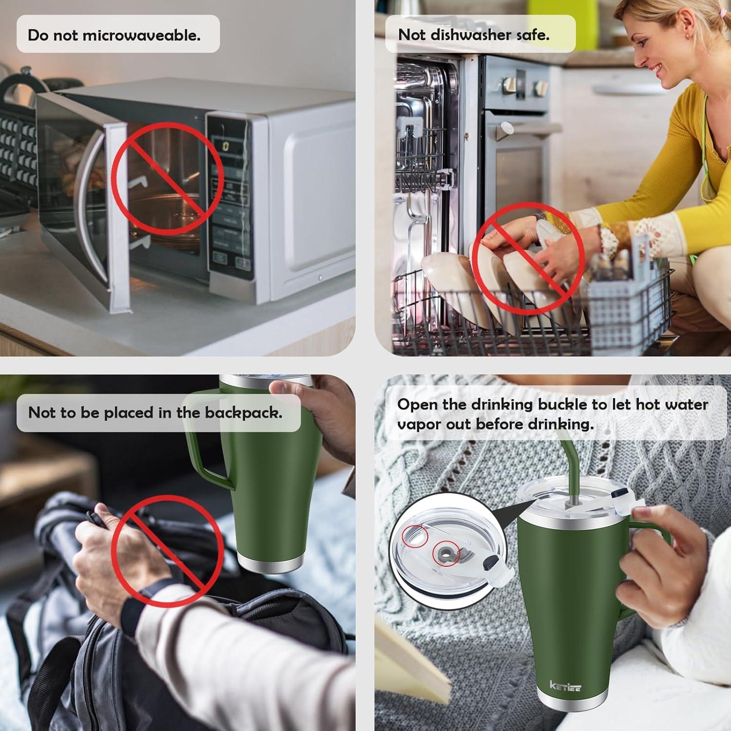 KETIEE 850ml Thermobecher mit Strohhalm, 2 Deckeln - Olivgrün