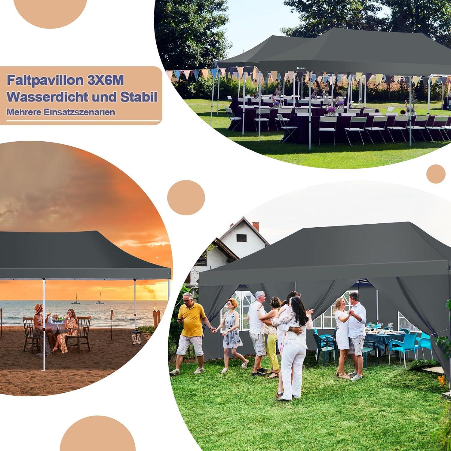 Faltpavillon 3x6m Wasserdicht Stabil Partyzelt Anti-UV 6 Seitenteile