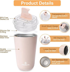 Thermobecher Kaffee to go Becher 380ml Rosa Edelstahl Deckel Lecksicher