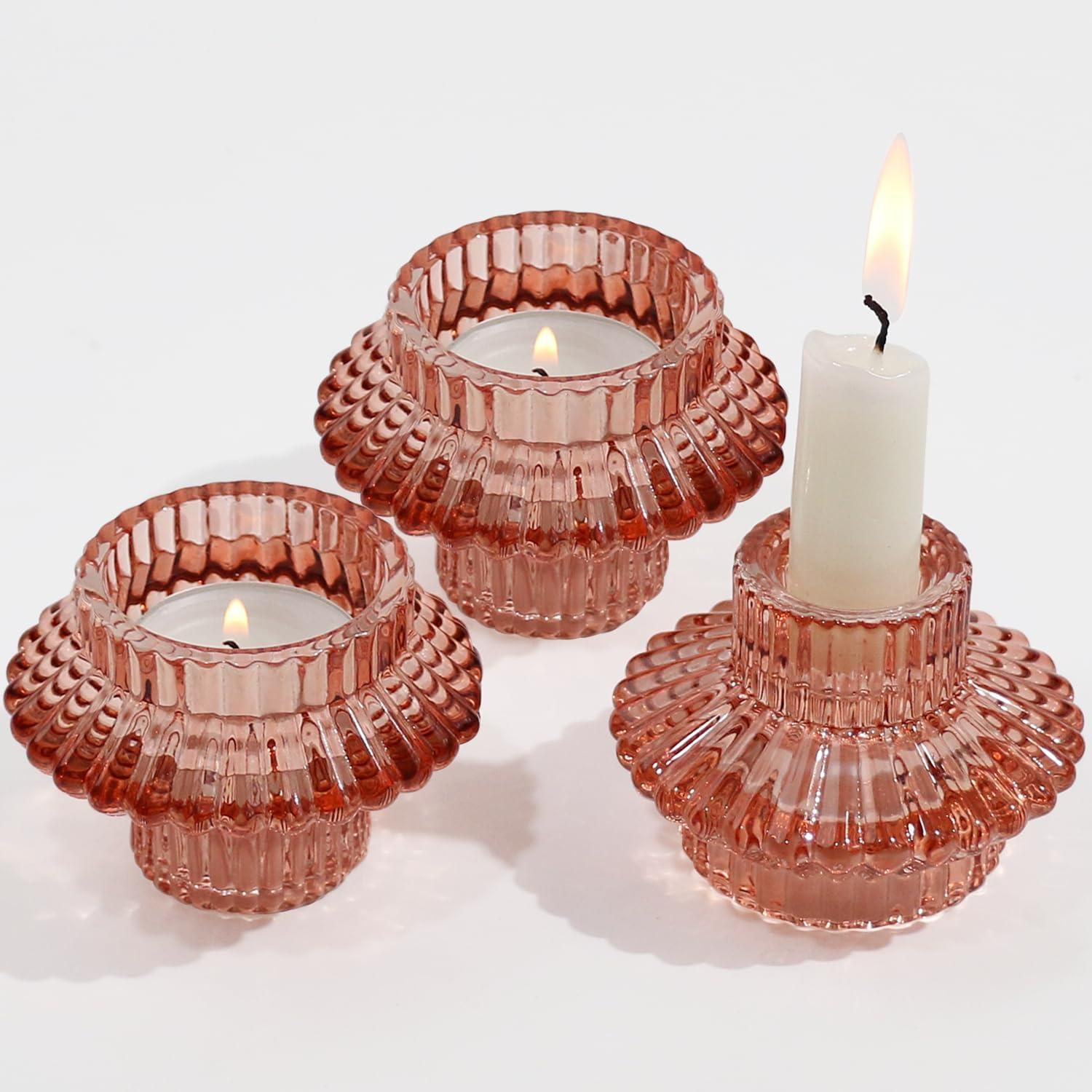 HofferRuffer Glas Kerzenständer Set Teelichter Stabkerzen Rötlich-braun