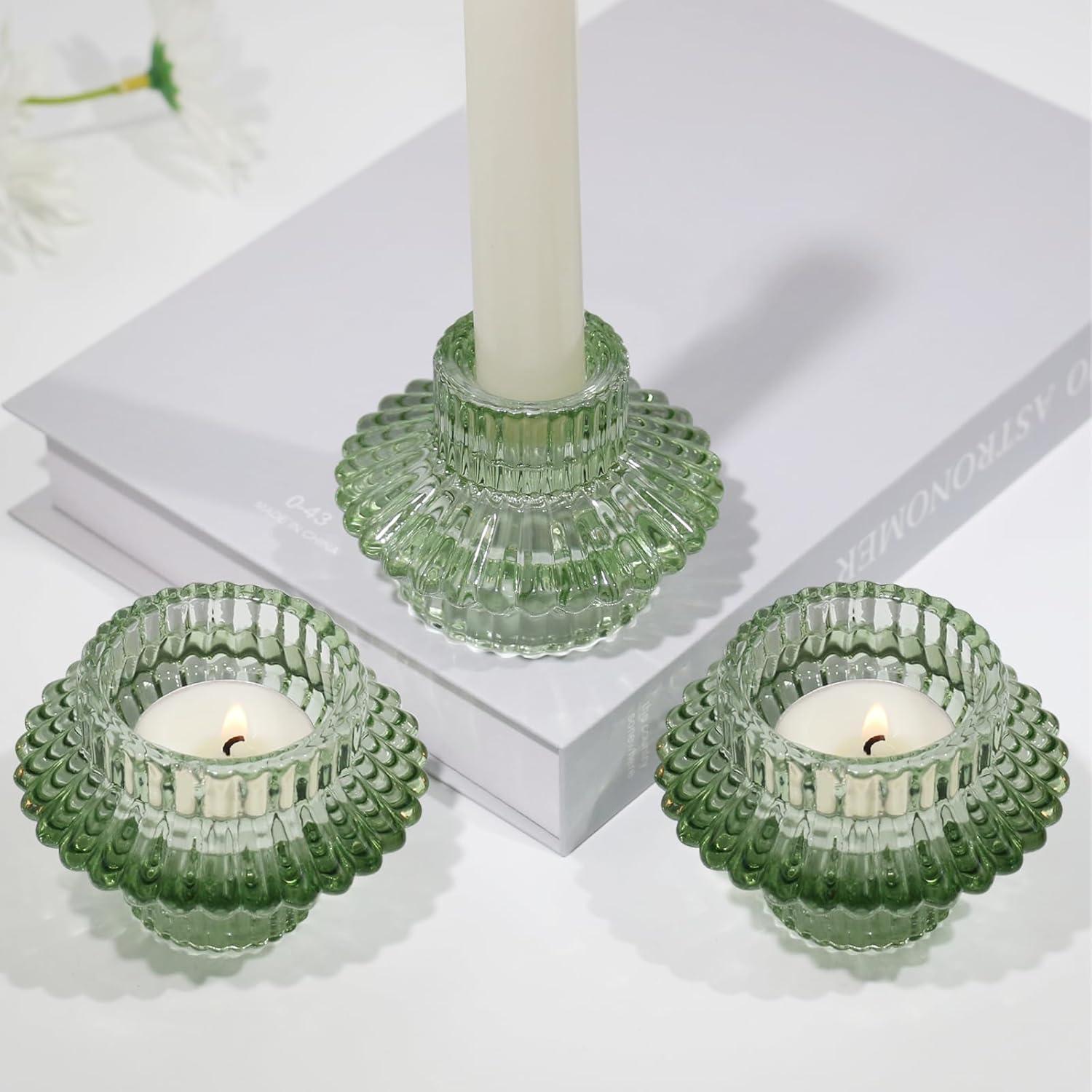 Kerzenständer Glas 3er Set Kerzenhalter Teelichter Stabkerzen Grün