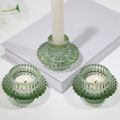 Kerzenständer Glas 3er Set Kerzenhalter Teelichter Stabkerzen Grün