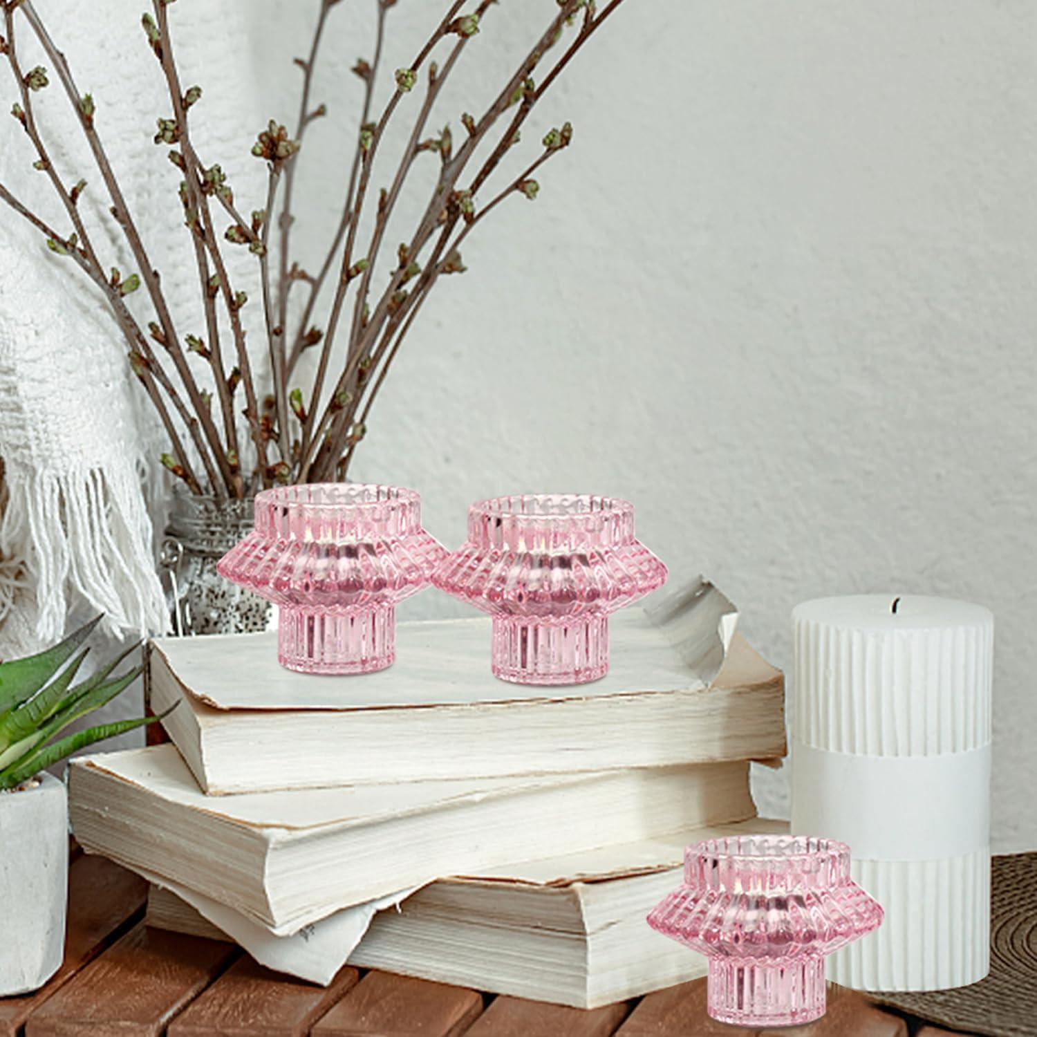 Kerzenständer Set Glas Rosa für Stabkerzen Teelichter