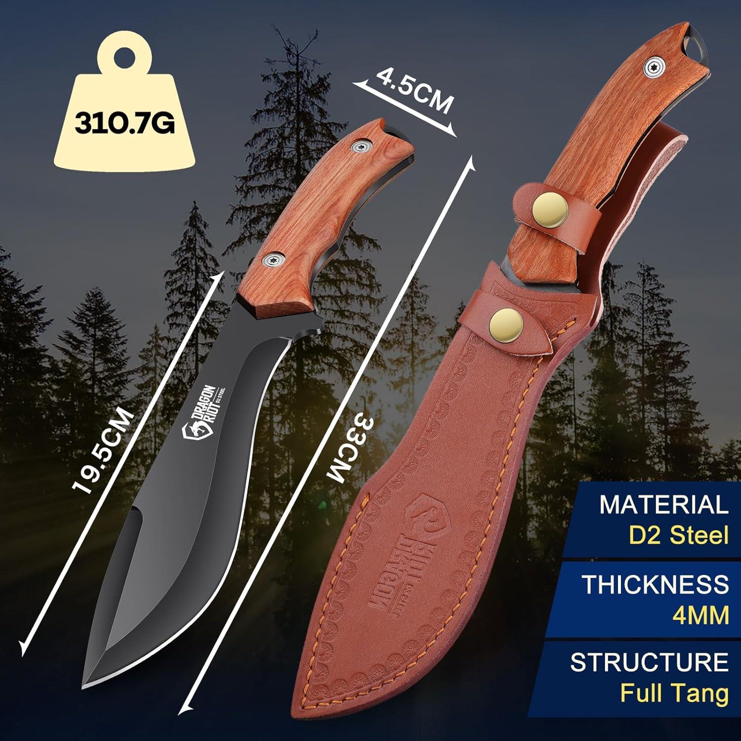 DRAGON RIOT Outdoor Survival Messer 20cm D2 Stahl Full Tang Lederscheide