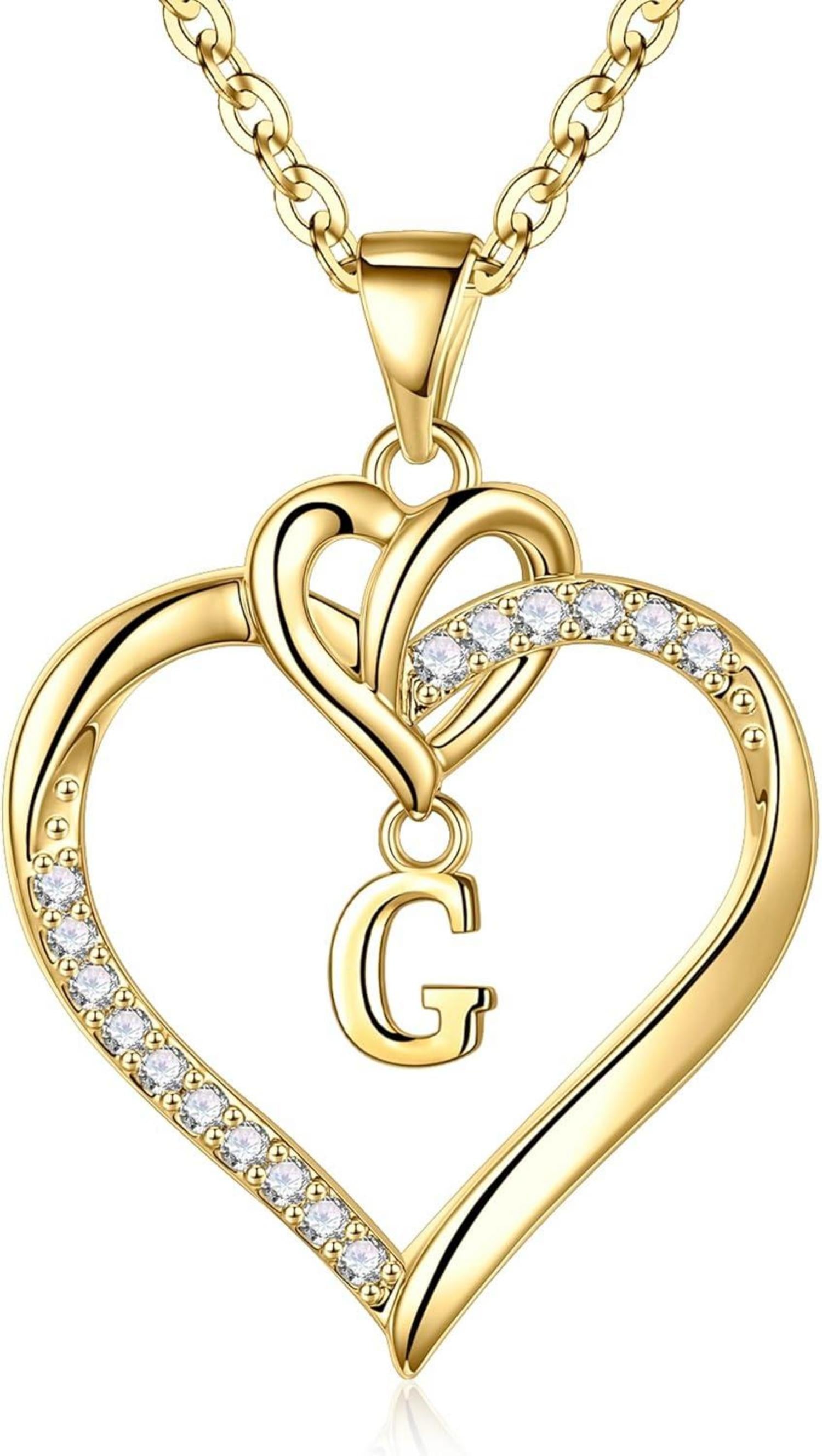 Gold Herz Initial Halskette Zirkonia Damen, 14K Vergoldet