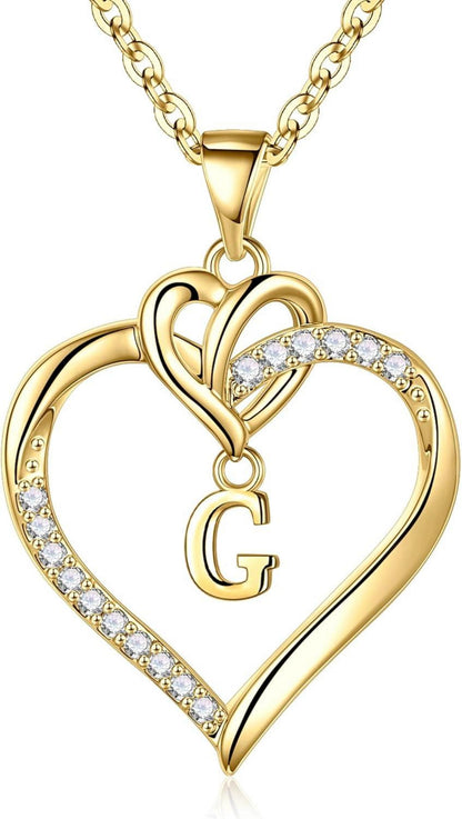 Gold Herz Initial Halskette Zirkonia Damen, 14K Vergoldet