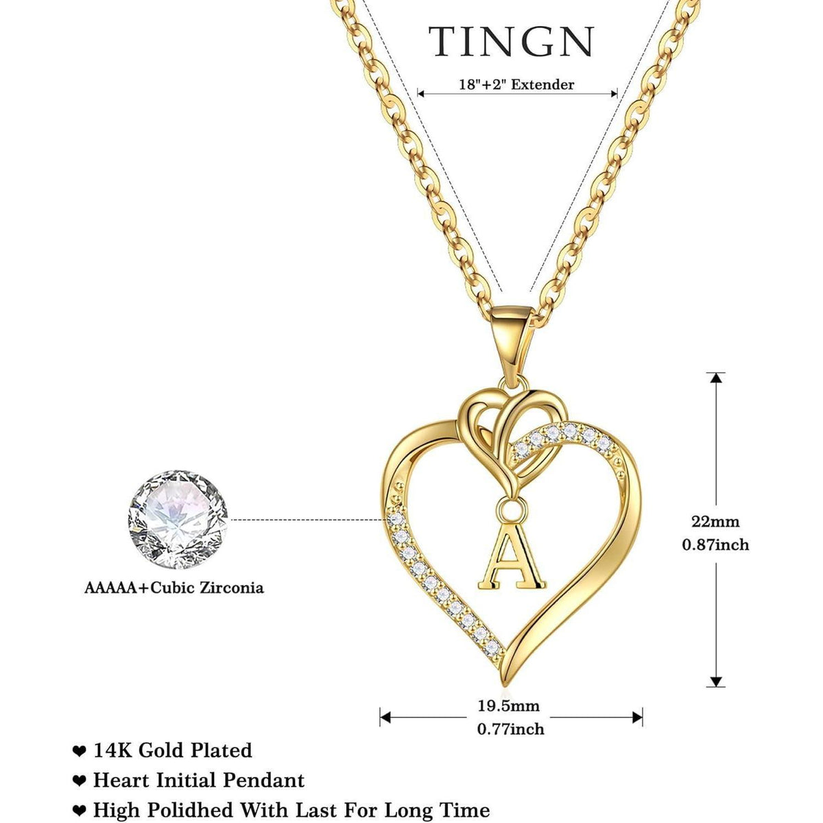 Herz Halskette Damen 14K Gold Vergoldet Zirkonia Anhänger Buchstabe