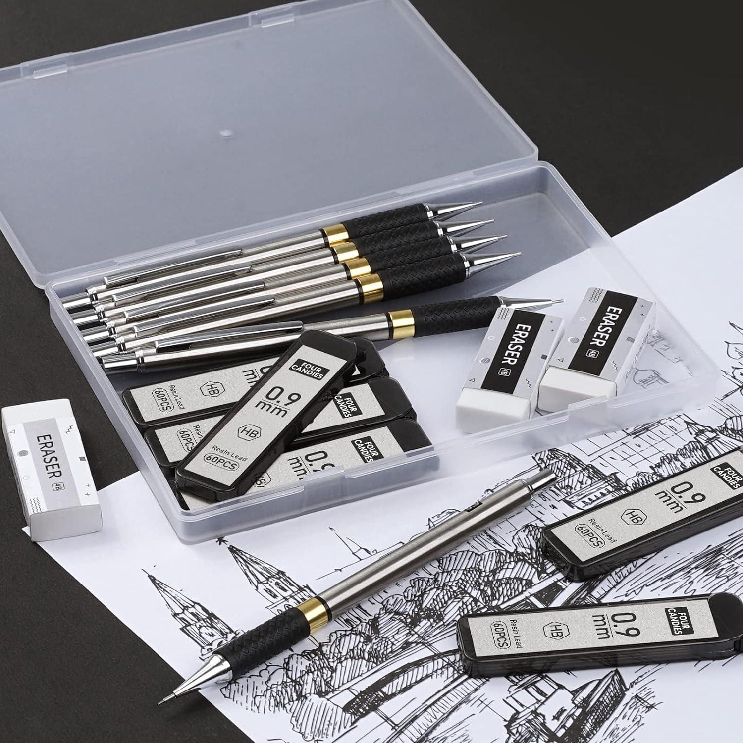 4 Candies 0,9mm Druckbleistift Set mit Minen, Radiergummis & Etui