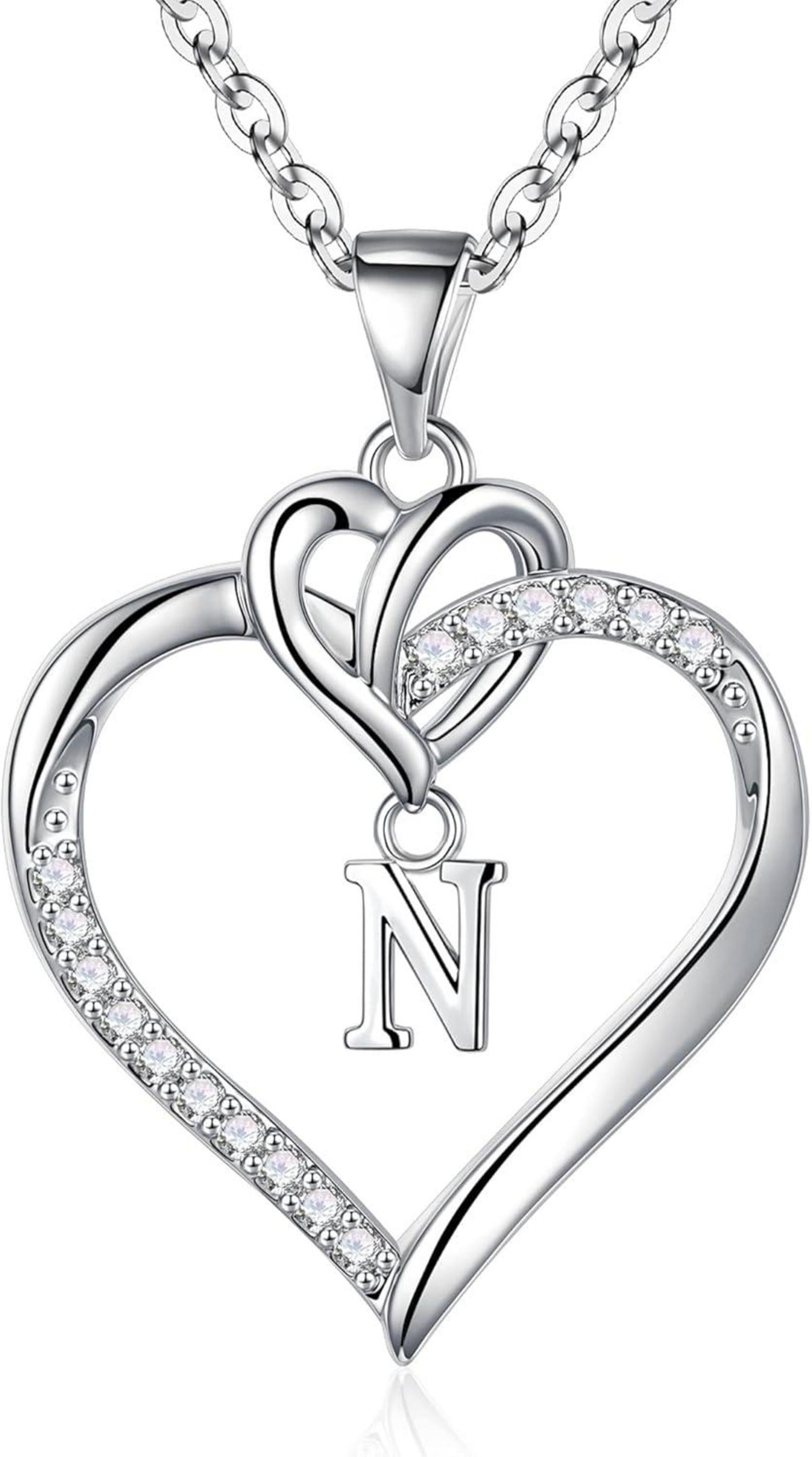Herz Initialen Halskette 14K Gold Vergoldet Zirkonia Damen N Silber