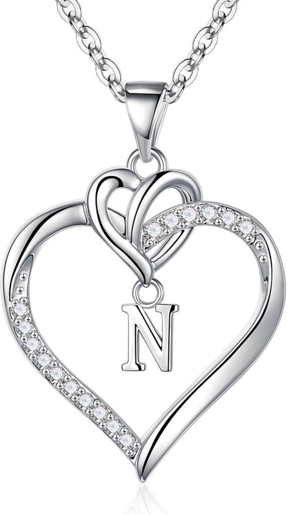 Herz Initialen Halskette 14K Gold Vergoldet Zirkonia Damen N Silber