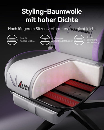 AutoFull Ergonomischer Gaming Stuhl Weiß mit Fußstütze, Kopfstütze, Lendenwirbelstütze & Verstellbarer Neigung