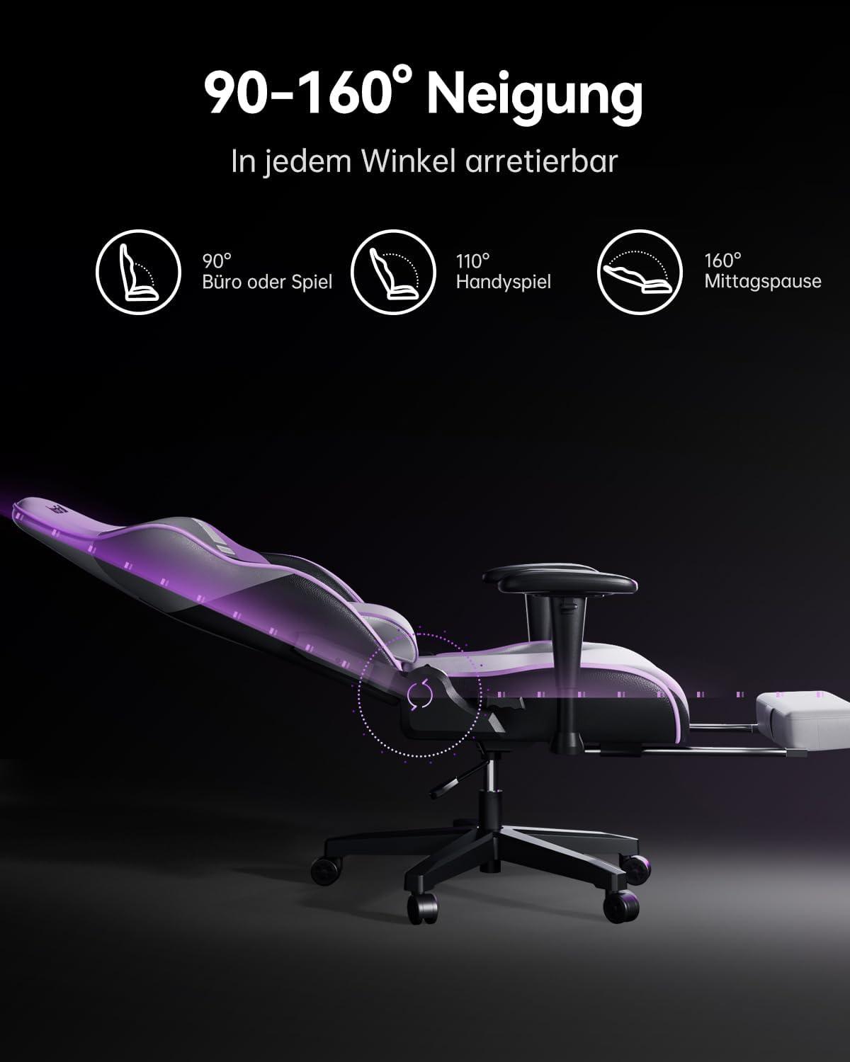 AutoFull Ergonomischer Gaming Stuhl Weiß mit Fußstütze, Kopfstütze, Lendenwirbelstütze & Verstellbarer Neigung
