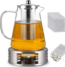 Teekanne 1200ml Borosilikatglas mit Siebeinsatz Stövchen