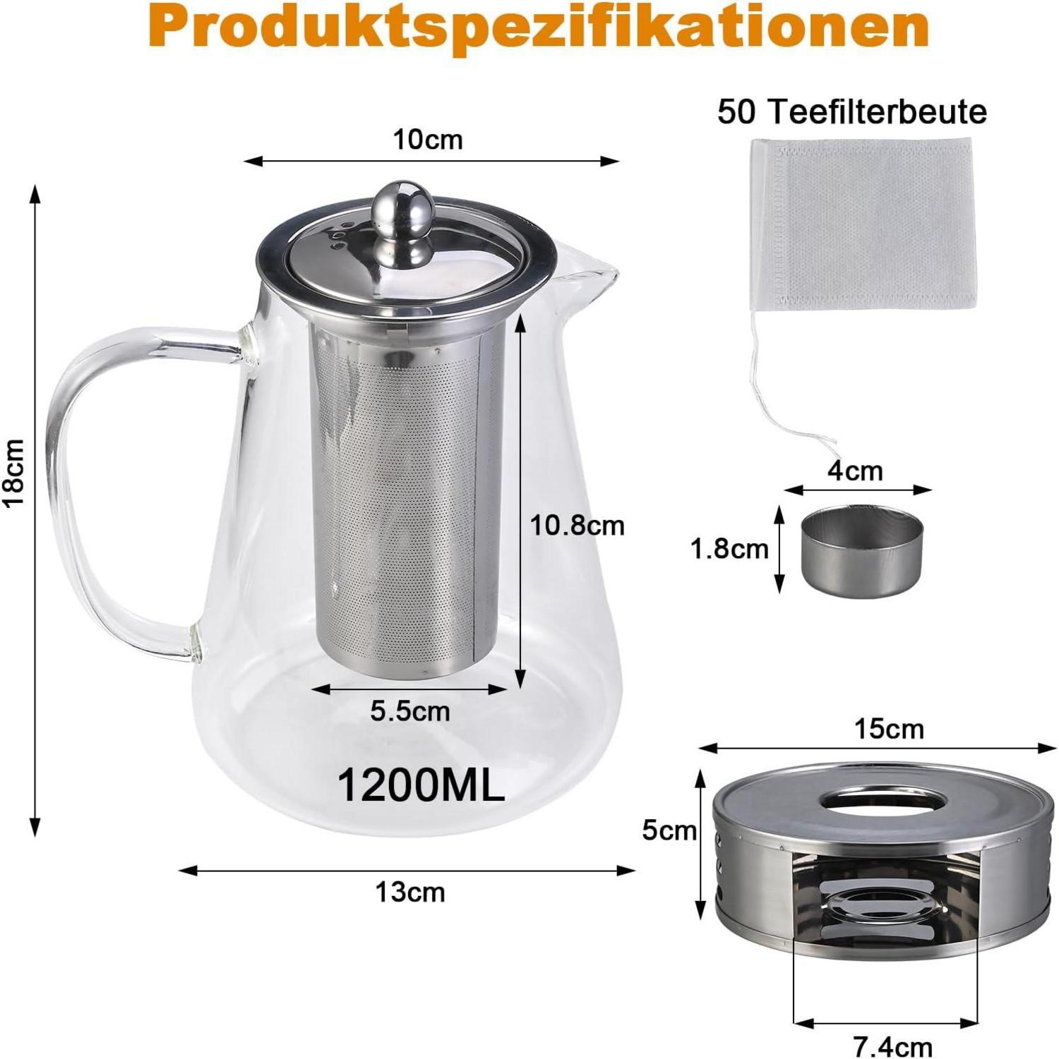 Teekanne 1200ml Borosilikatglas mit Siebeinsatz Stövchen