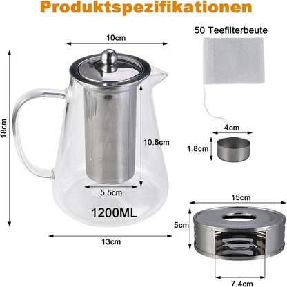Teekanne 1200ml Borosilikatglas mit Siebeinsatz Stövchen
