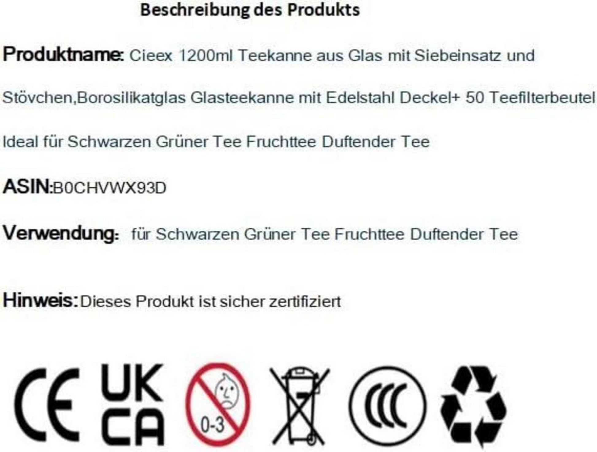 1200ml Teekanne Borosilikatglas mit Siebeinsatz und Stövchen