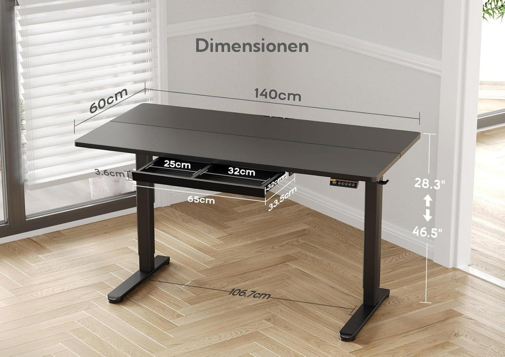 Höhenverstellbarer Schreibtisch mit Schublade 140x60 cm Schwarz