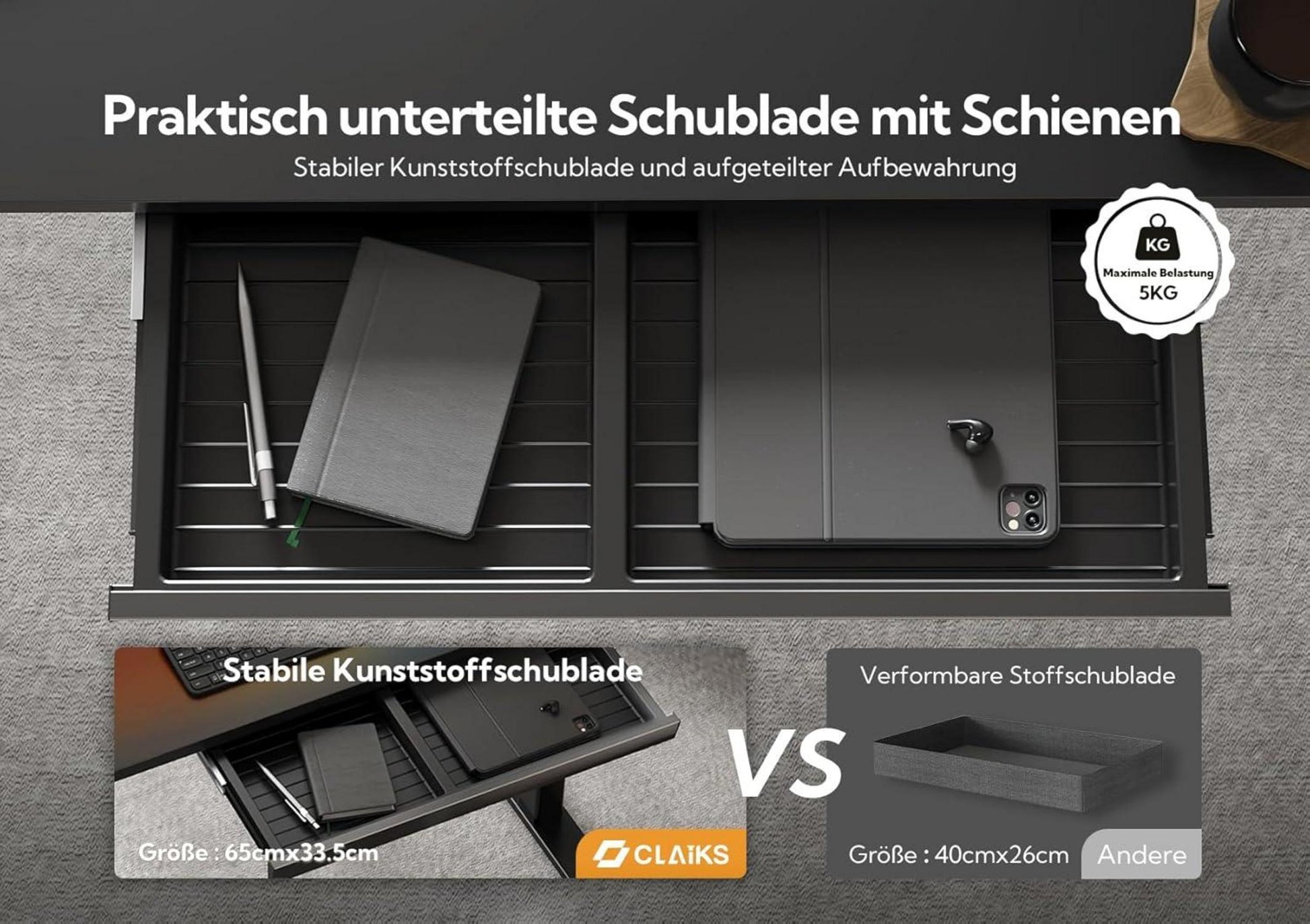 Claiks Elektrisch Höhenverstellbarer Schreibtisch 140x60 cm mit Schublade - Schwarz