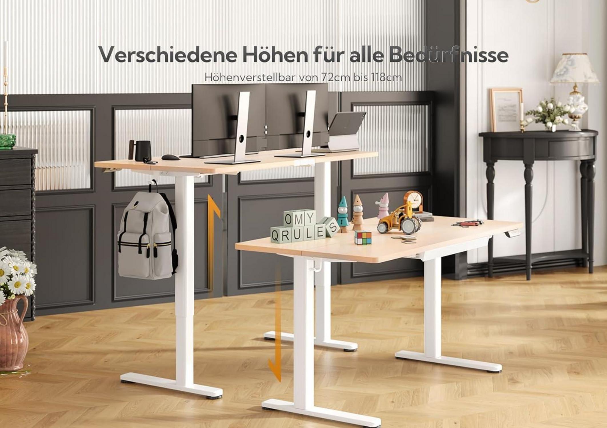 Höhenverstellbarer Schreibtisch 120x60 cm mit Schublade, Elektrisch, Weiß/Beige