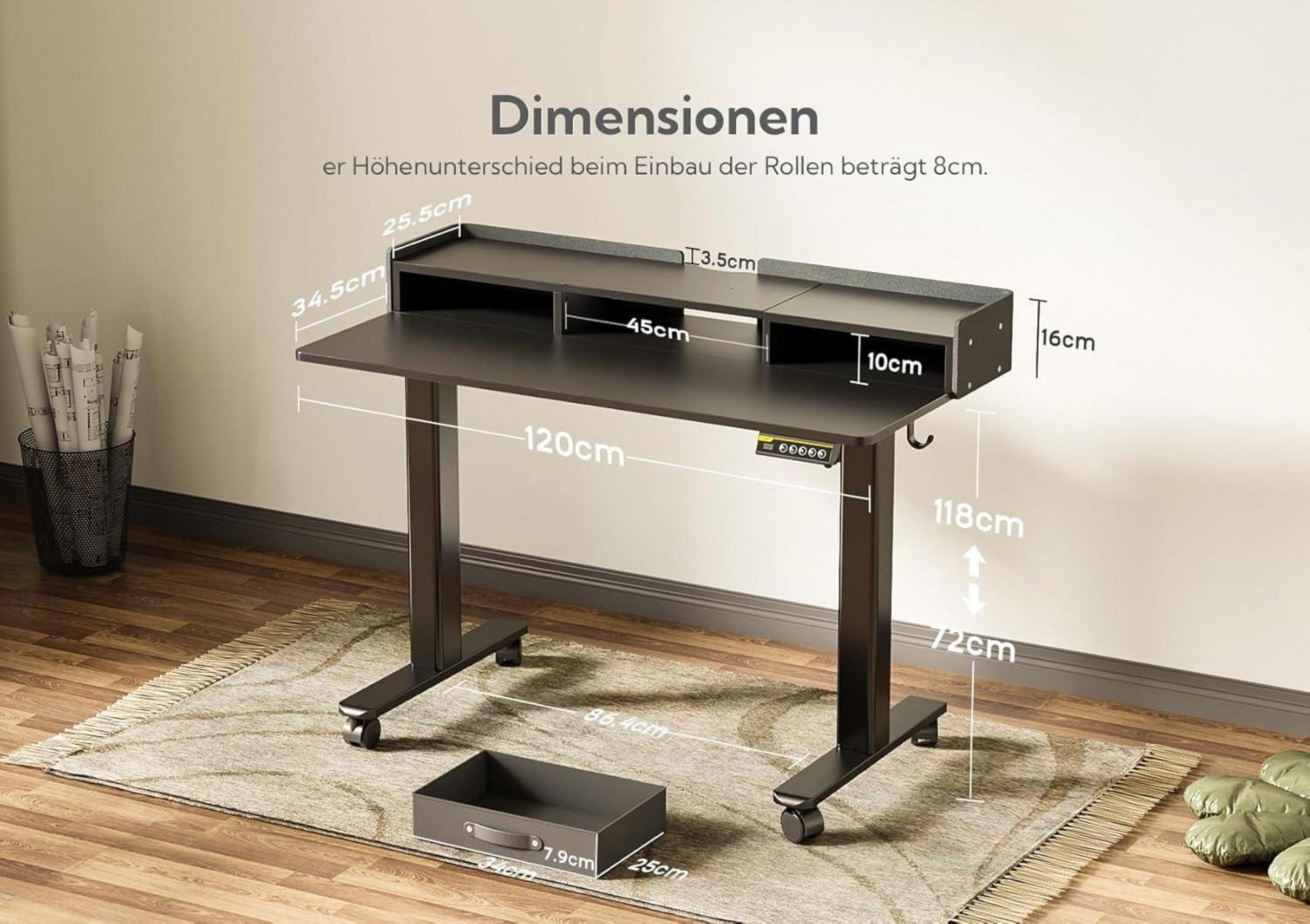 Höhenverstellbarer Schreibtisch mit Schubladen und