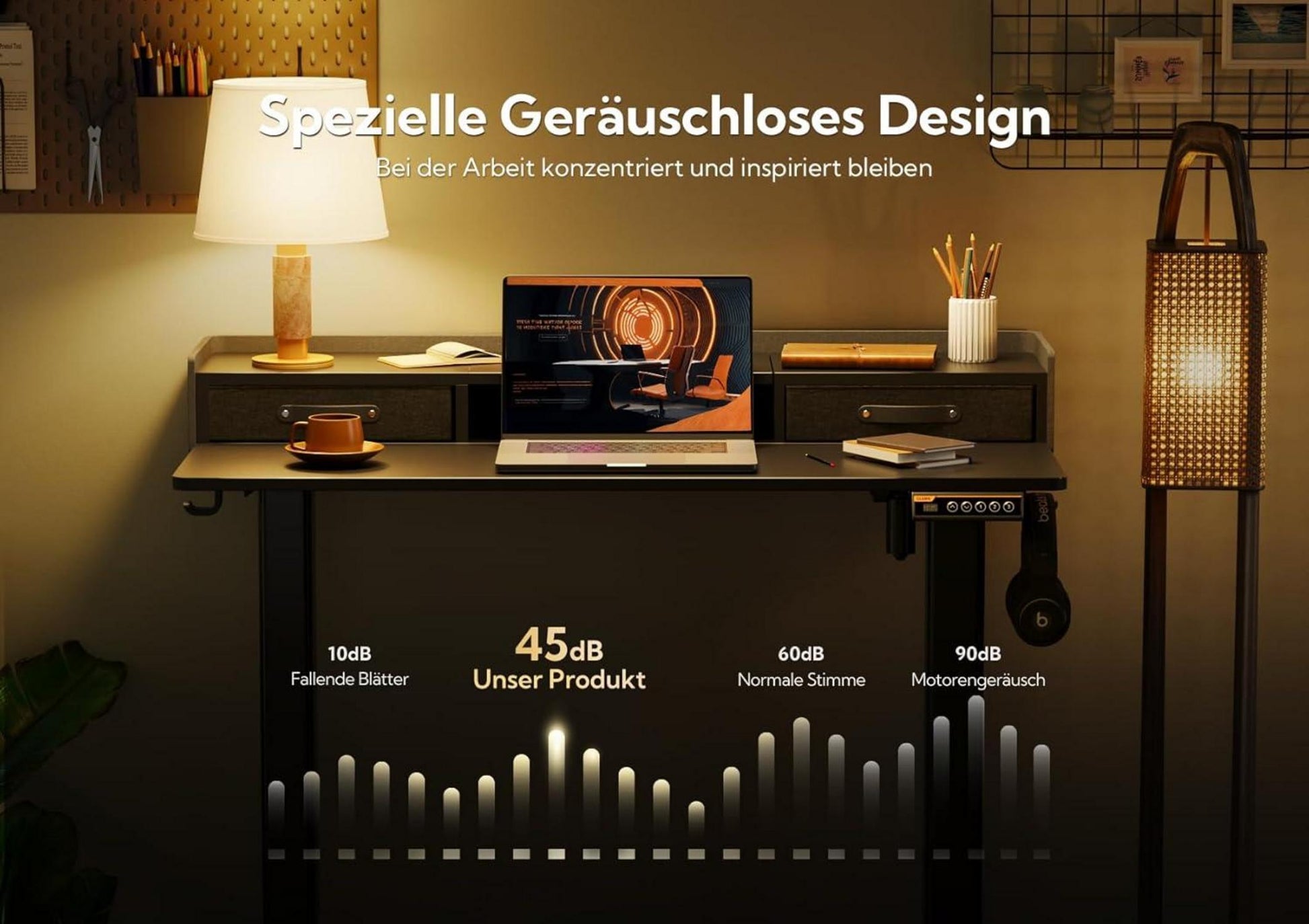 Höhenverstellbarer Schreibtisch 120x60 cm mit Schubladen und
