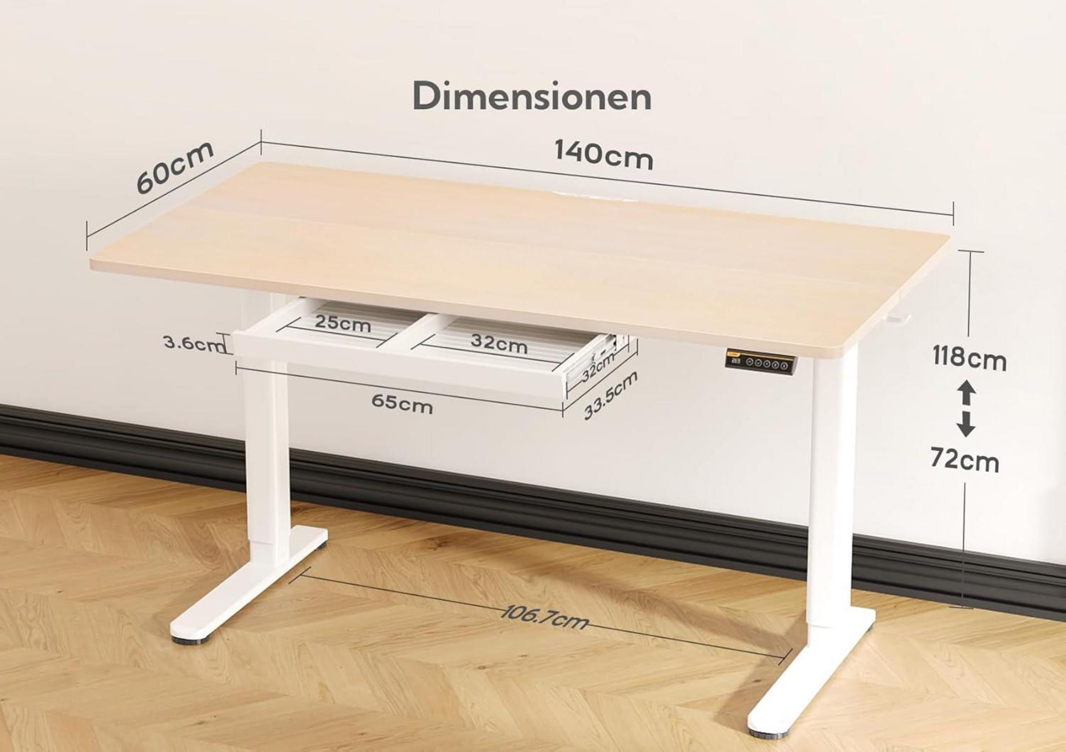 Höhenverstellbarer Schreibtisch mit Schublade 140x60 cm, Elektrisch