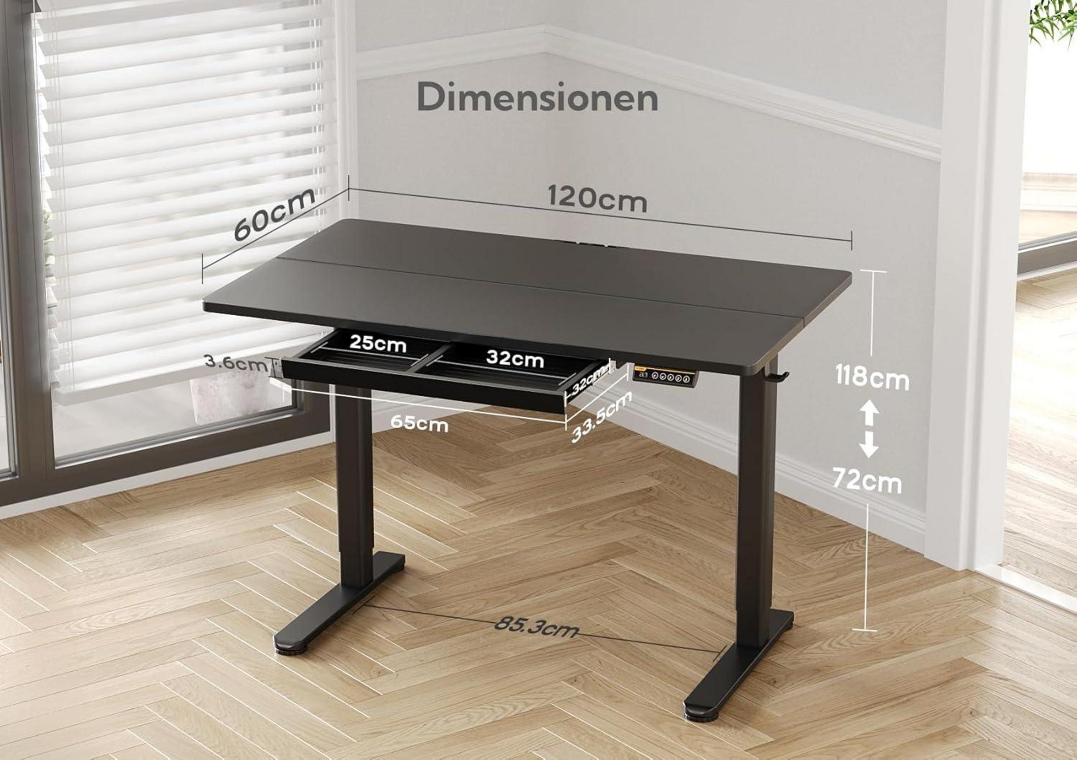 Elektrisch Höhenverstellbarer Schreibtisch 120x60 cm mit Schublade