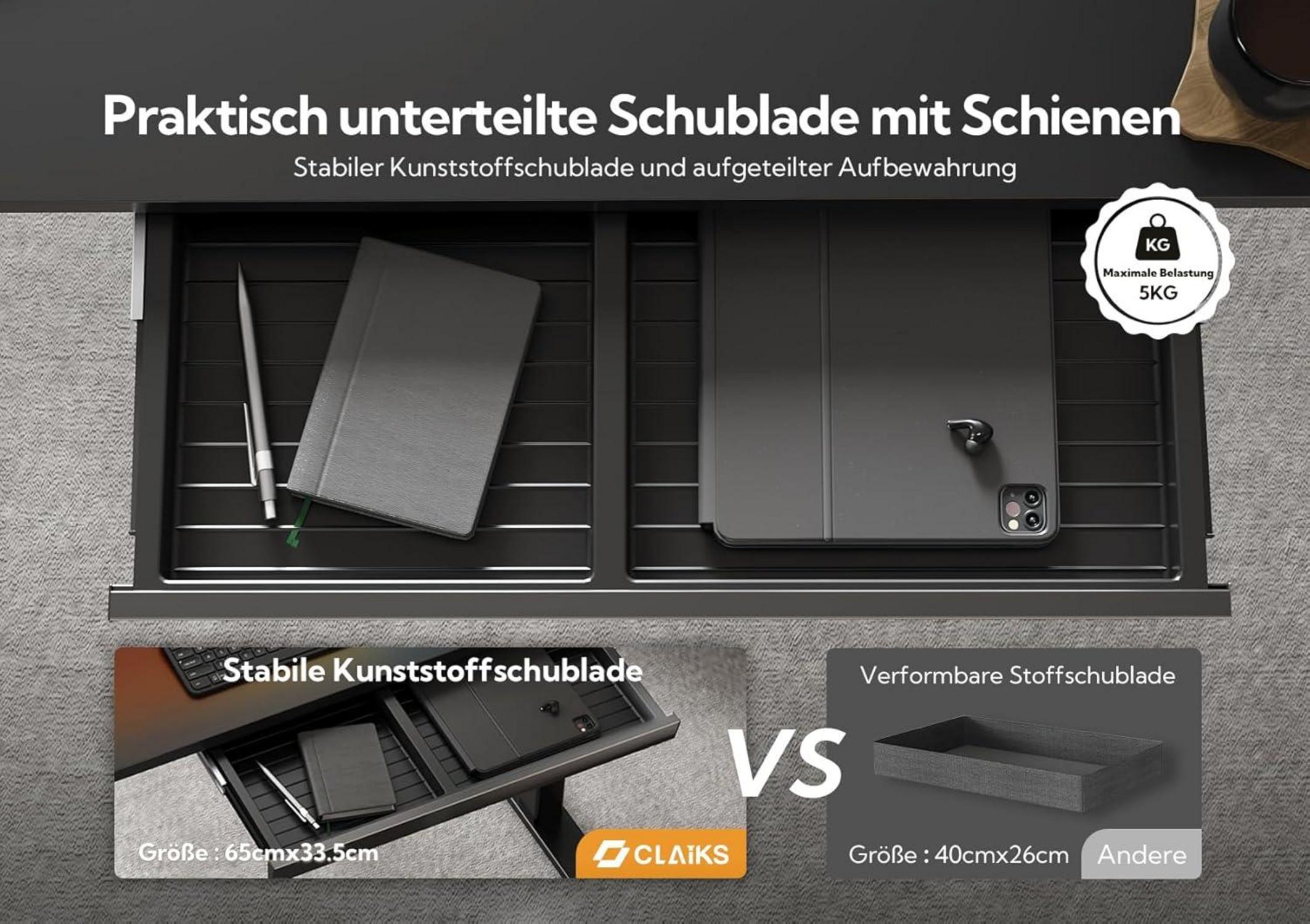 Claiks Elektrischer Schreibtisch 120x60 cm Schwarz höhenverstellbar mit Schublade