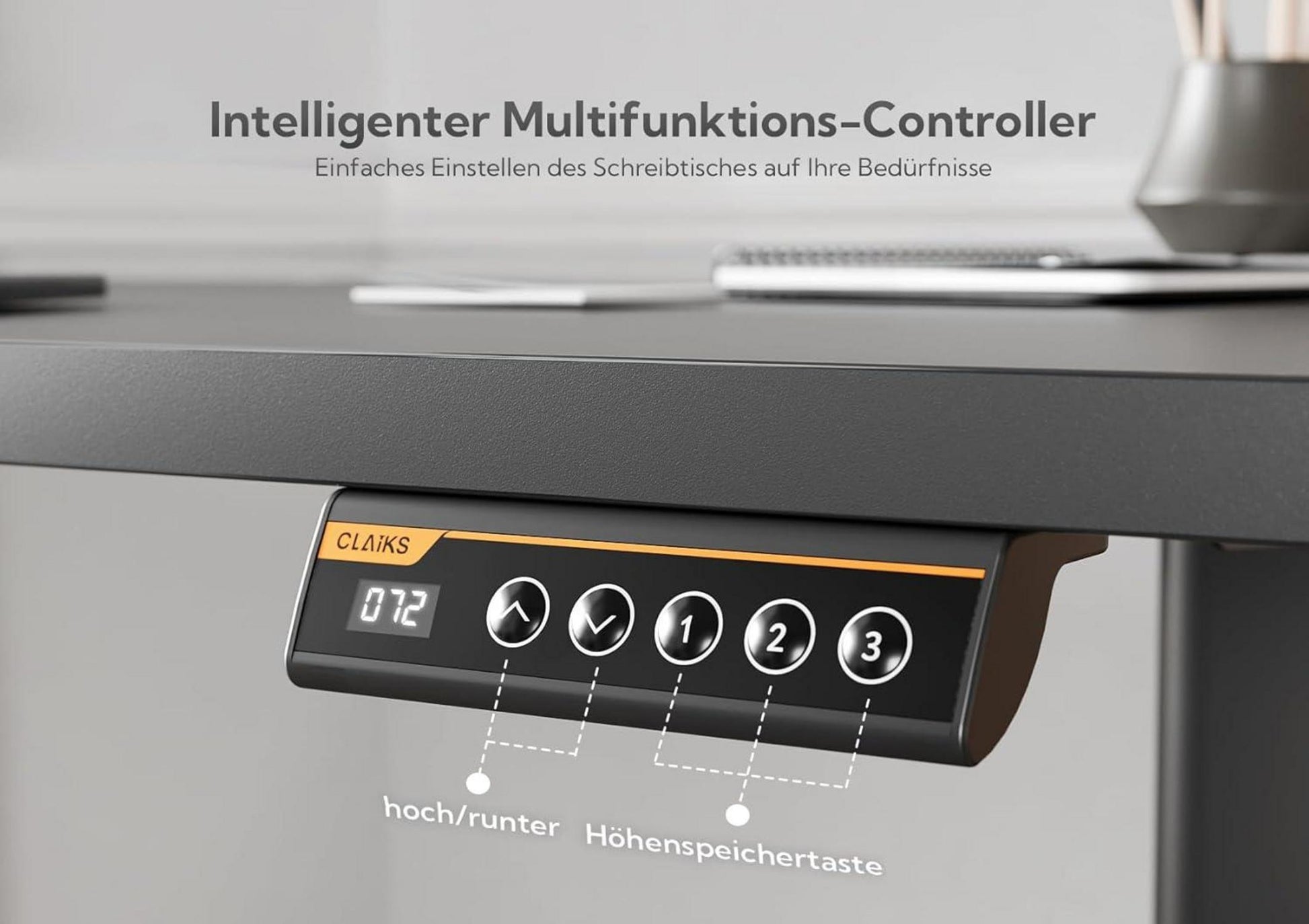 Claiks Elektrischer Schreibtisch 120x60 cm Schwarz höhenverstellbar mit Schublade