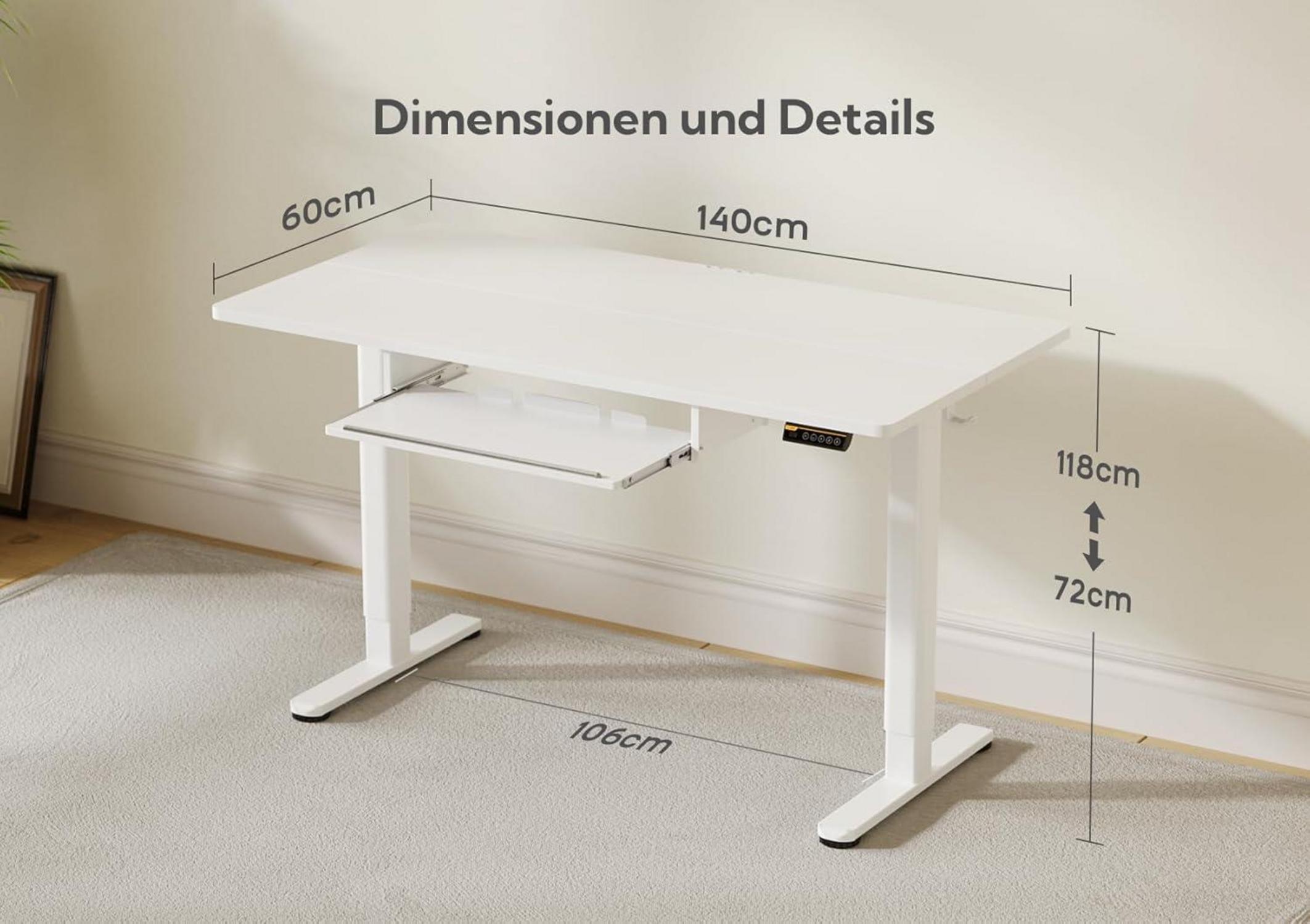 Elektrischer Schreibtisch Höhenverstellbar mit Tastaturablage 140x60 cm