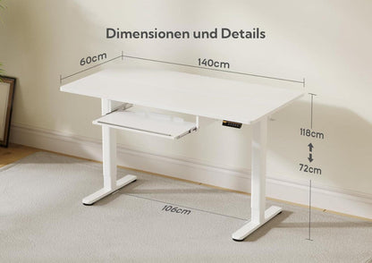 Elektrischer Schreibtisch Höhenverstellbar mit Tastaturablage 140x60 cm