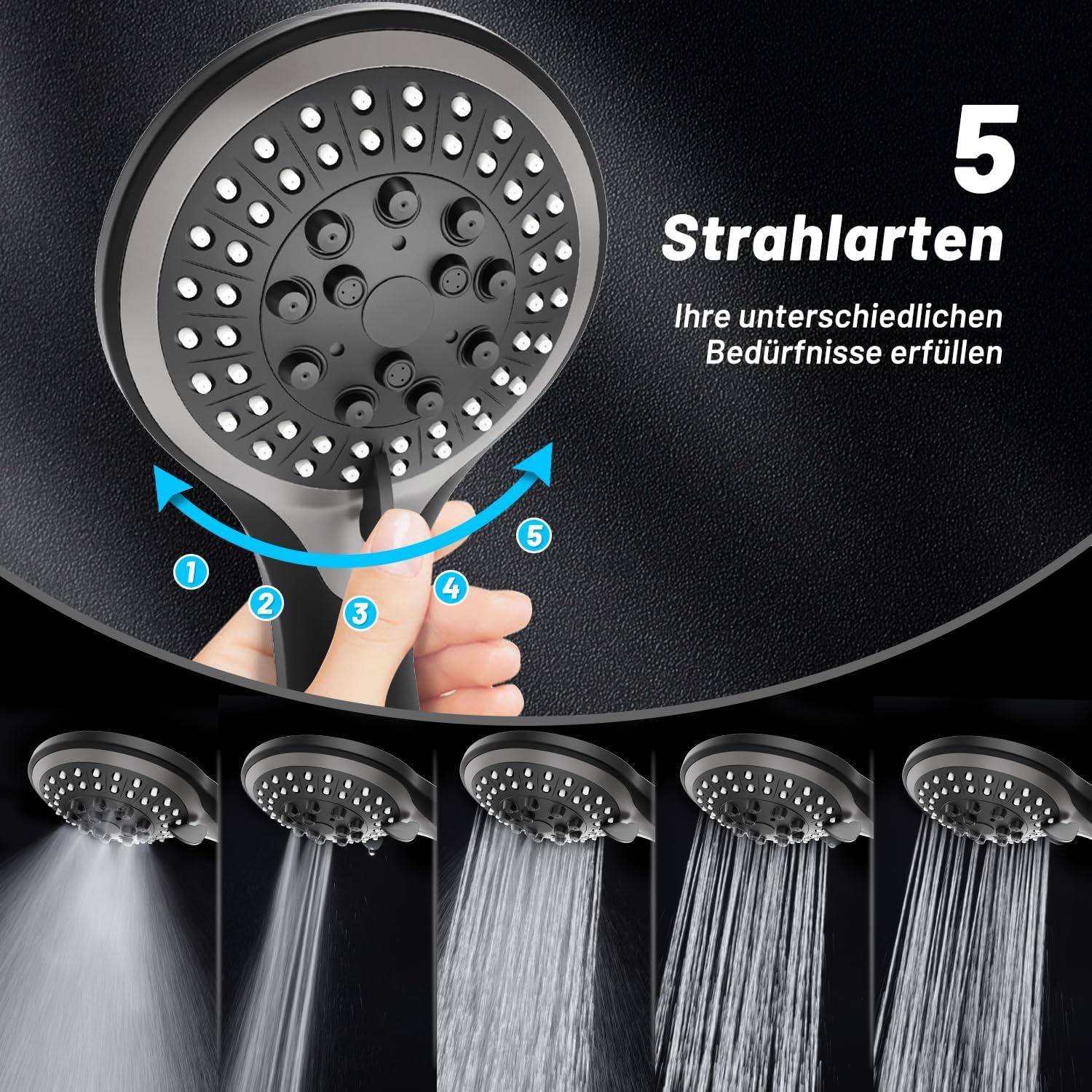 VEHHE Duschbrause Schwarz mit 5 Strahlarten und Schlauch