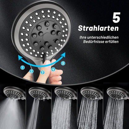 VEHHE Duschbrause Schwarz mit 5 Strahlarten und Schlauch