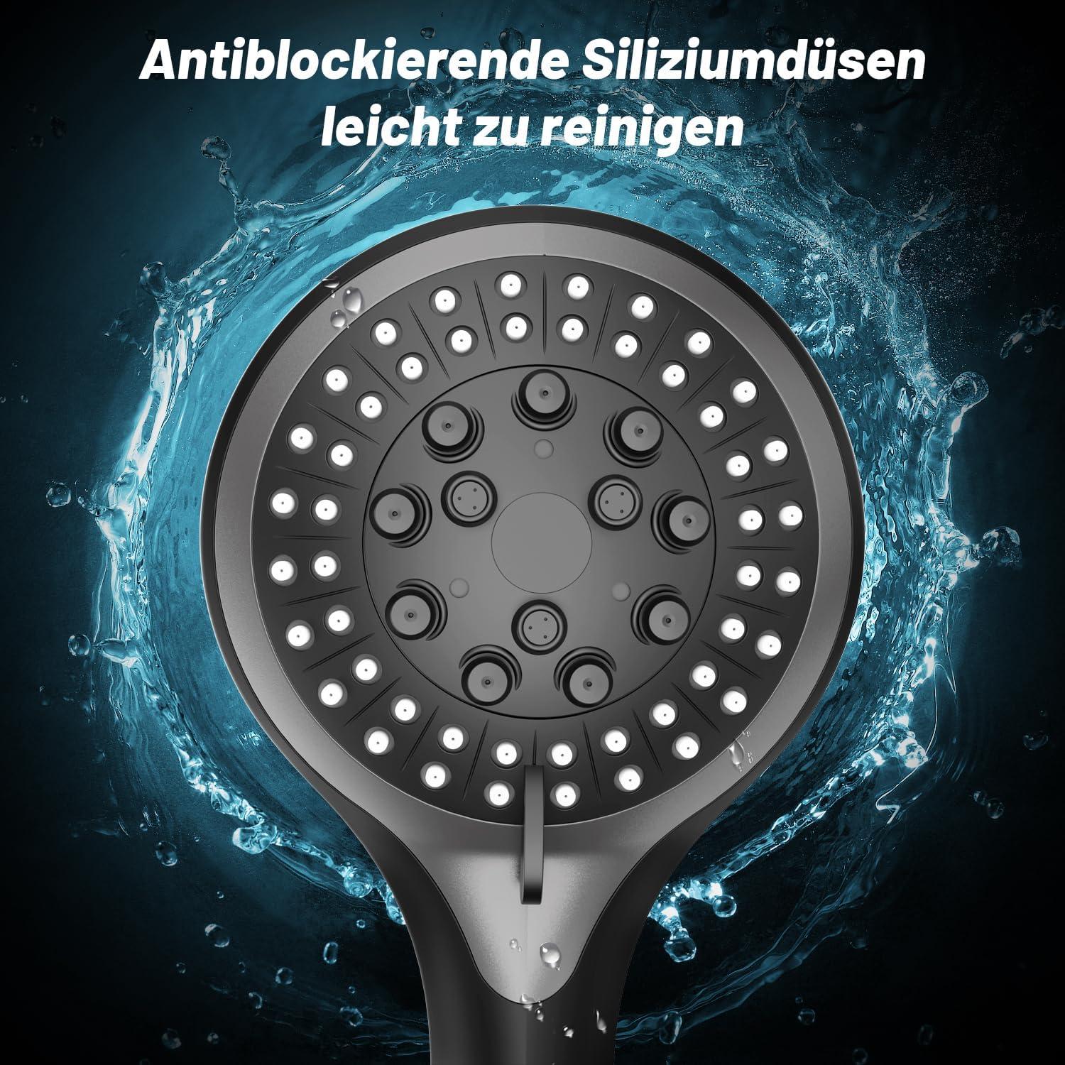 VEHHE Duschbrause 5 Strahlarten Schwarz mit Schlauch und Silikondüse