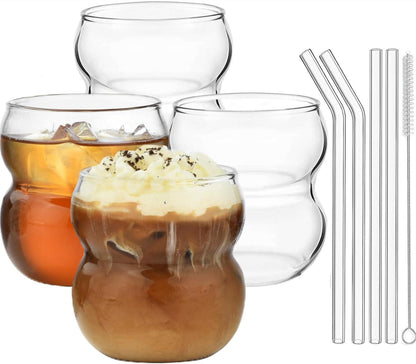 Bubble Trinkgläser Set Wave Design 380ml 4er Pack mit Strohhalmen