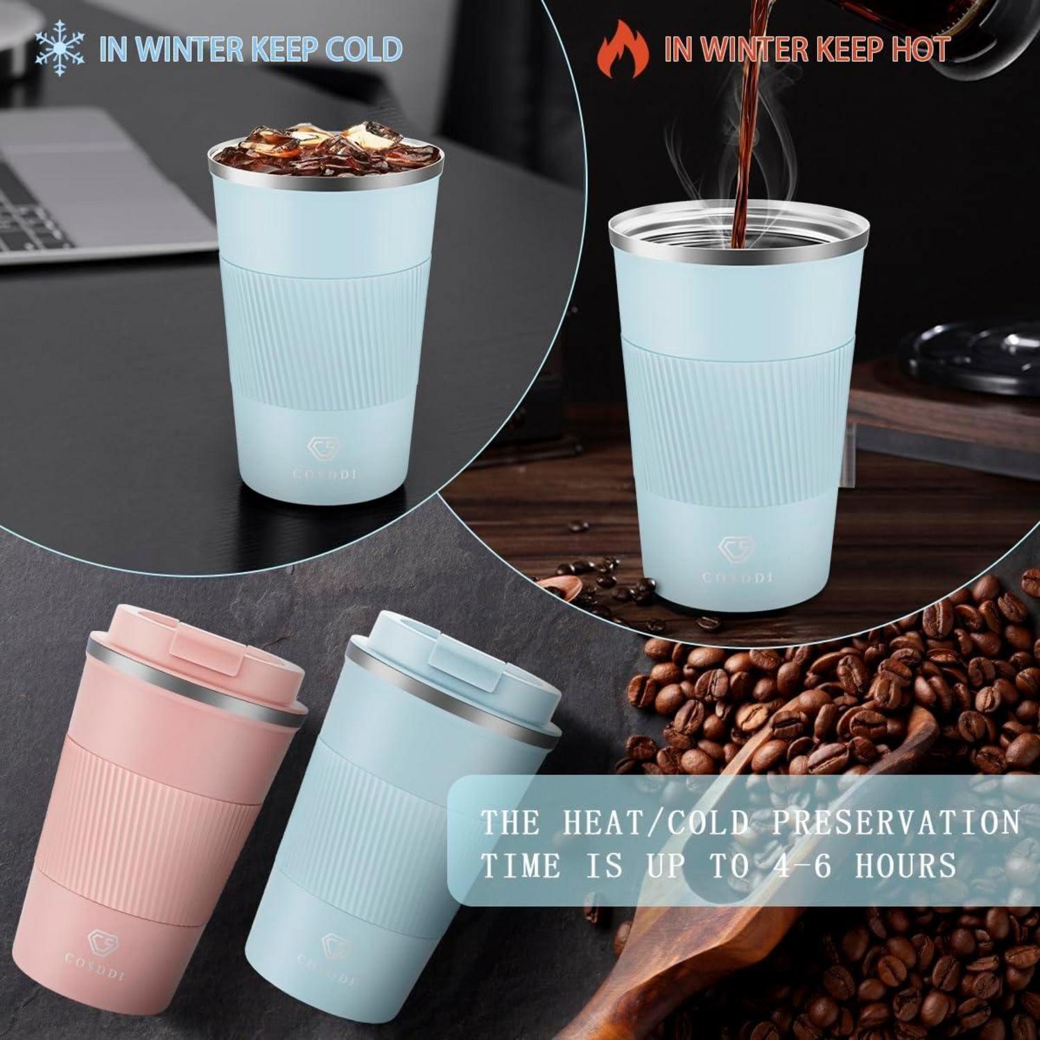 CS COSDDI Thermobecher Edelstahl Travel Mug 380ml Vakuum isoliert auslaufsicher Skyblue