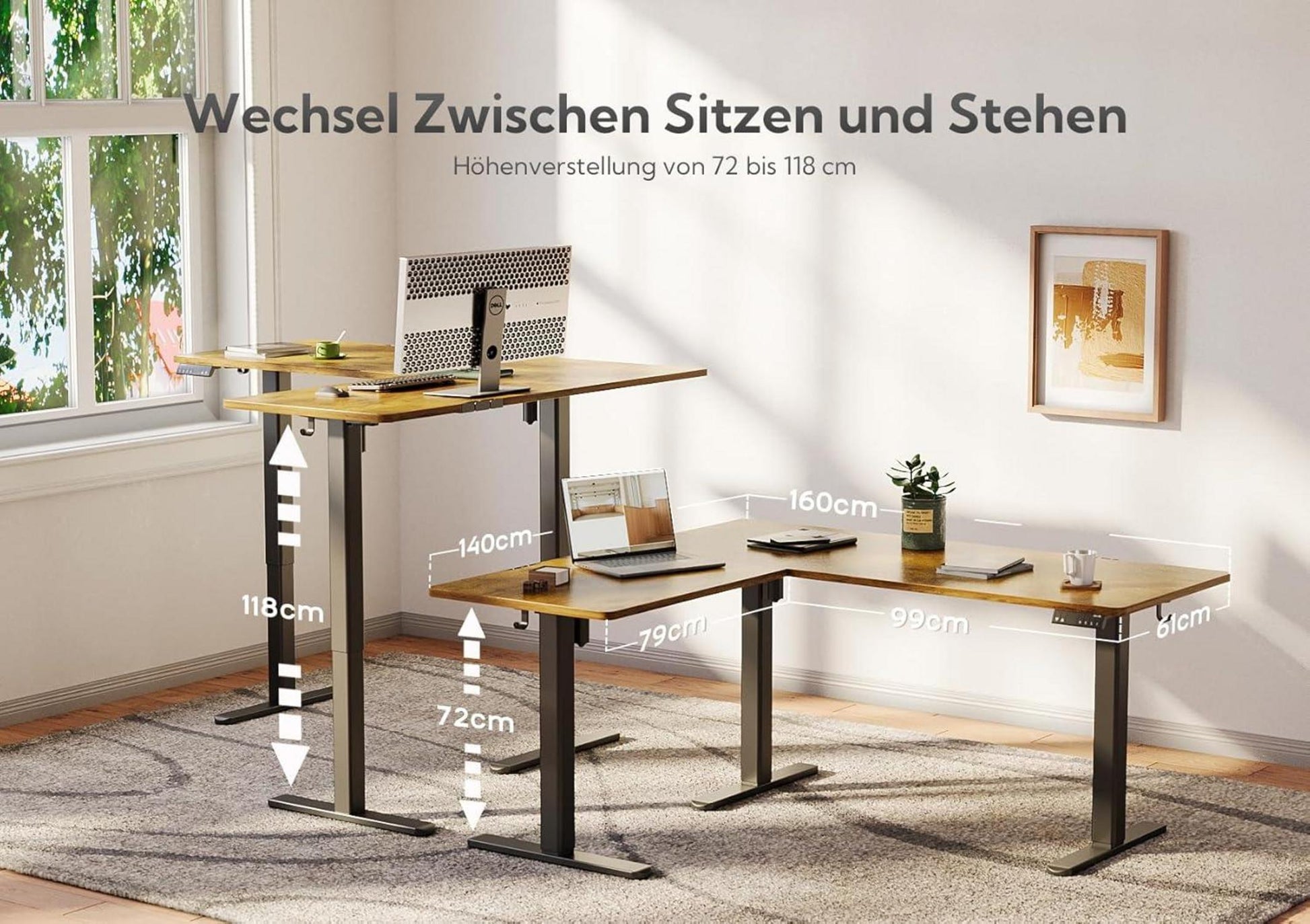 Höhenverstellbarer L-förmiger Eckschreibtisch 160x140cm Dual-Motor
