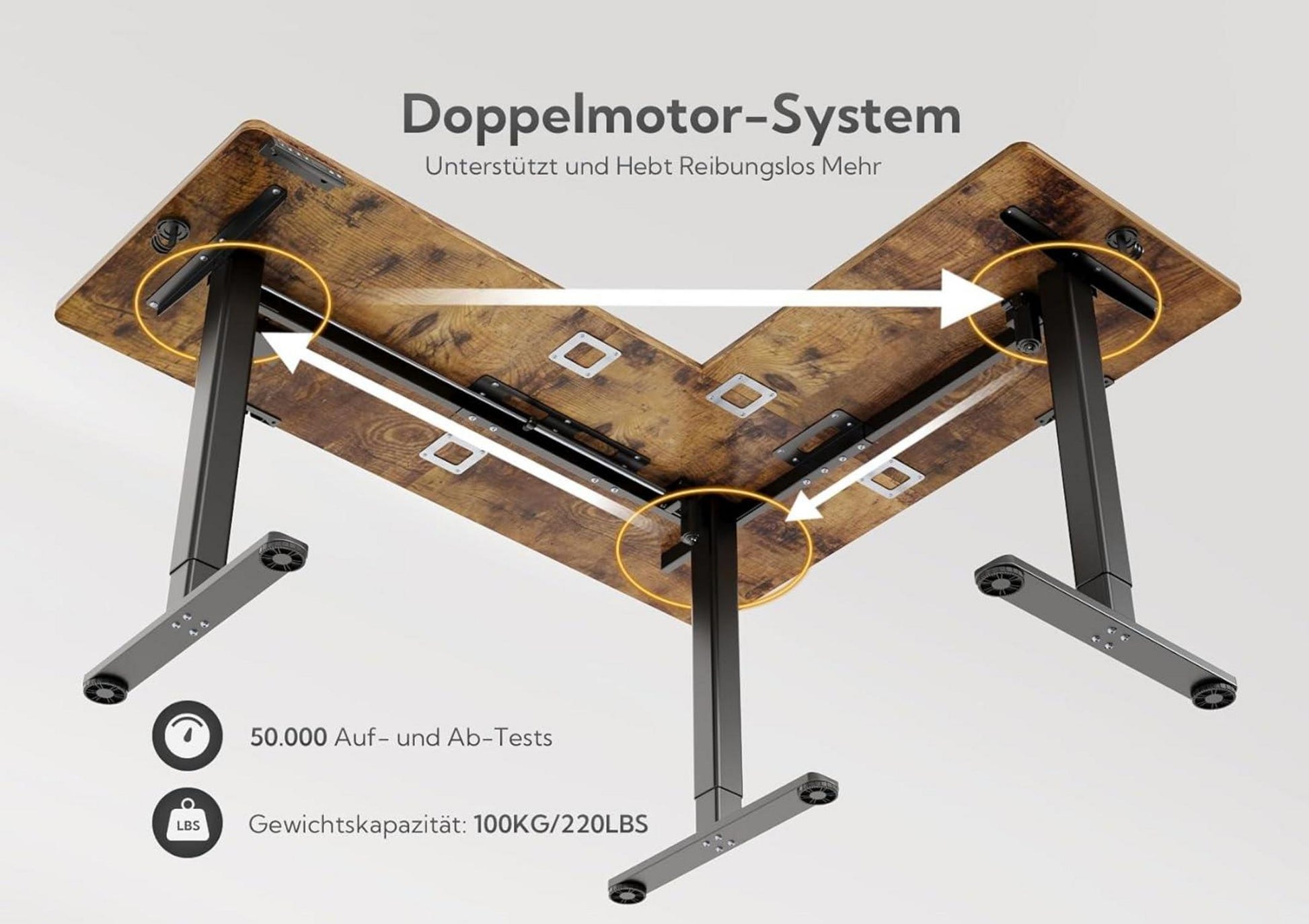 Höhenverstellbarer Eckschreibtisch L-Form Vintage Braun 160x140cm Dual-Motor