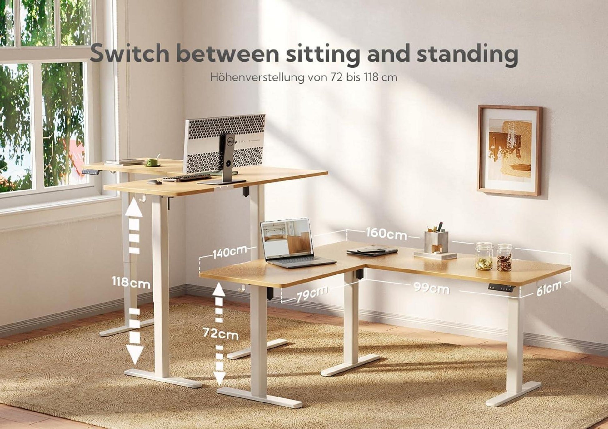 Höhenverstellbarer Eckschreibtisch L-Form 160x140 cm Dual-Motor Beige